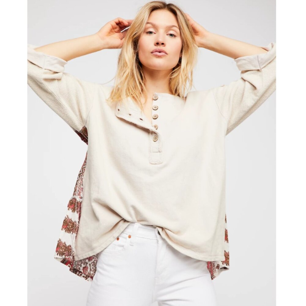 Free People "Cool Baby" Ivory Henley Mixed Media Pullover - Picture 1 of 11